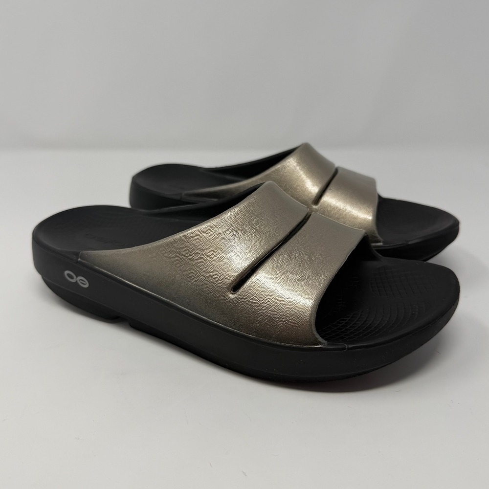 OOFOS OOahh Metallic Latte Luxe Recovery Slide Womens 7 Mens 5 EU 38